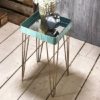 Nampa Mirrored Side Table In Turquoise With Gold Metal Legs