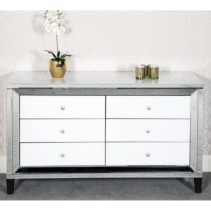 Laughlin Mirrored Chest Of 6 Drawers In Silver And White Gloss