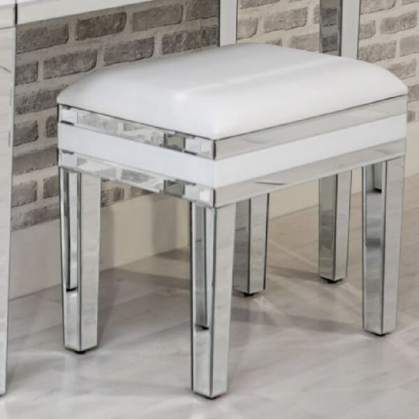 Laughlin Mirrored Dressing Table Stool In Silver And White Gloss